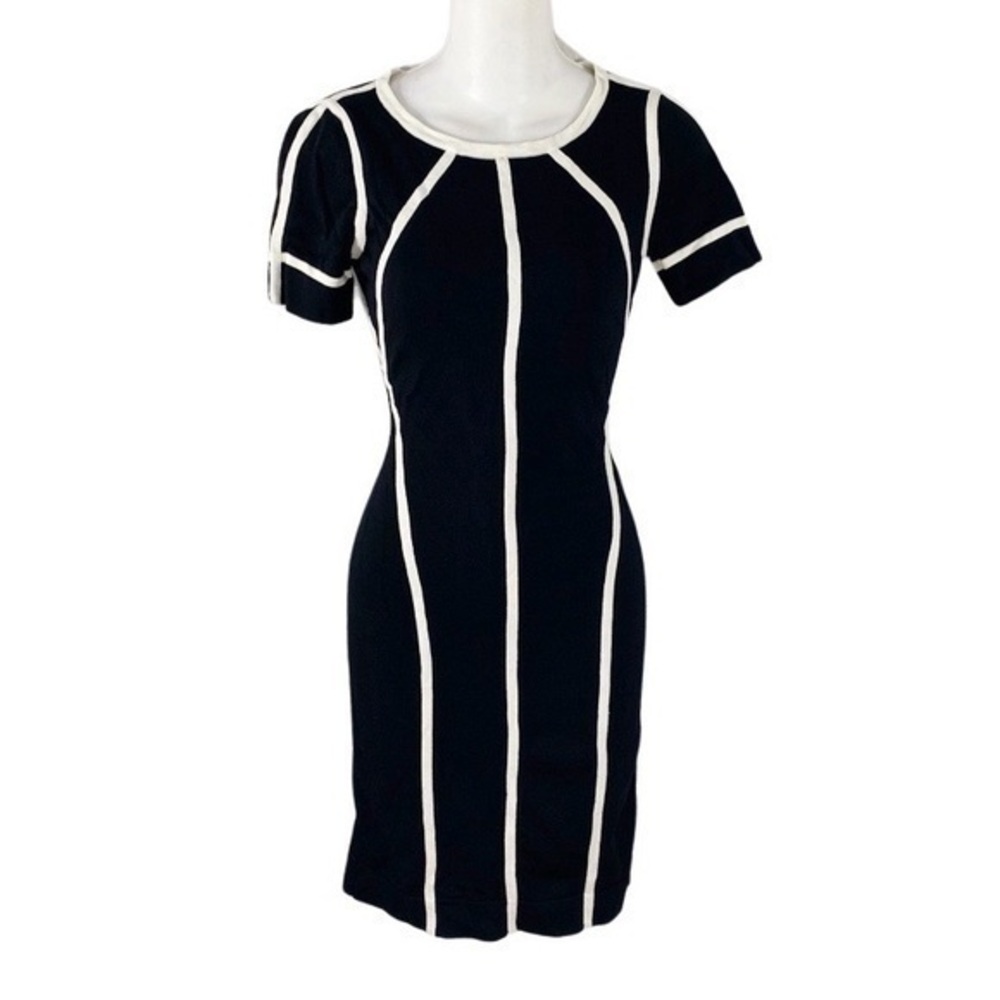 Vince Camuto black ivory trim framed stretch dress A3